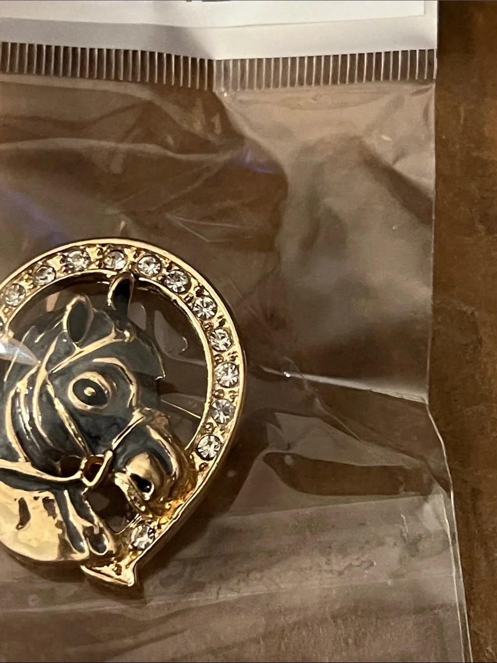 3/$18 Gold-Tone Horse Head Brooch with Clear Crystals - Black Enamel Lot 6042